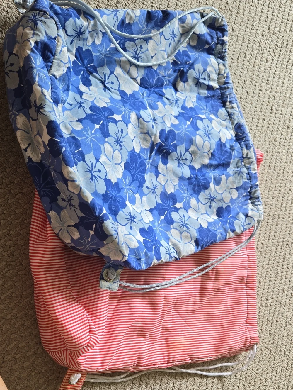 Blue Floral & Pink Striped Drawstring Bags
